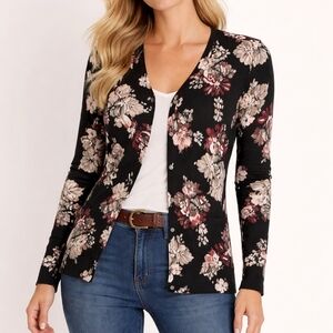 EUC White House Black Market Floral Cardigan - Black and Pink Size XL